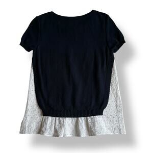 Piazza Sempione Navy Knit Top White Lace Hem Italy Size M Short Sleeve Designer‎